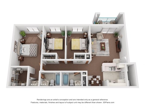 Floor plan for 3 beds, 2 baths, 1117 sqft